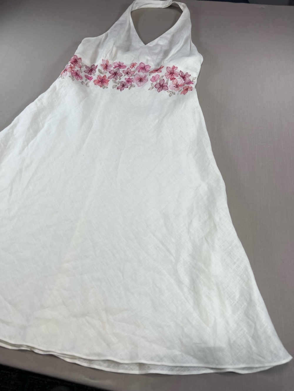 Ann Taylor Women’s Linen Halter Dress Pink Floral Embroidery Empire Waist Midi - Picture 7 of 16